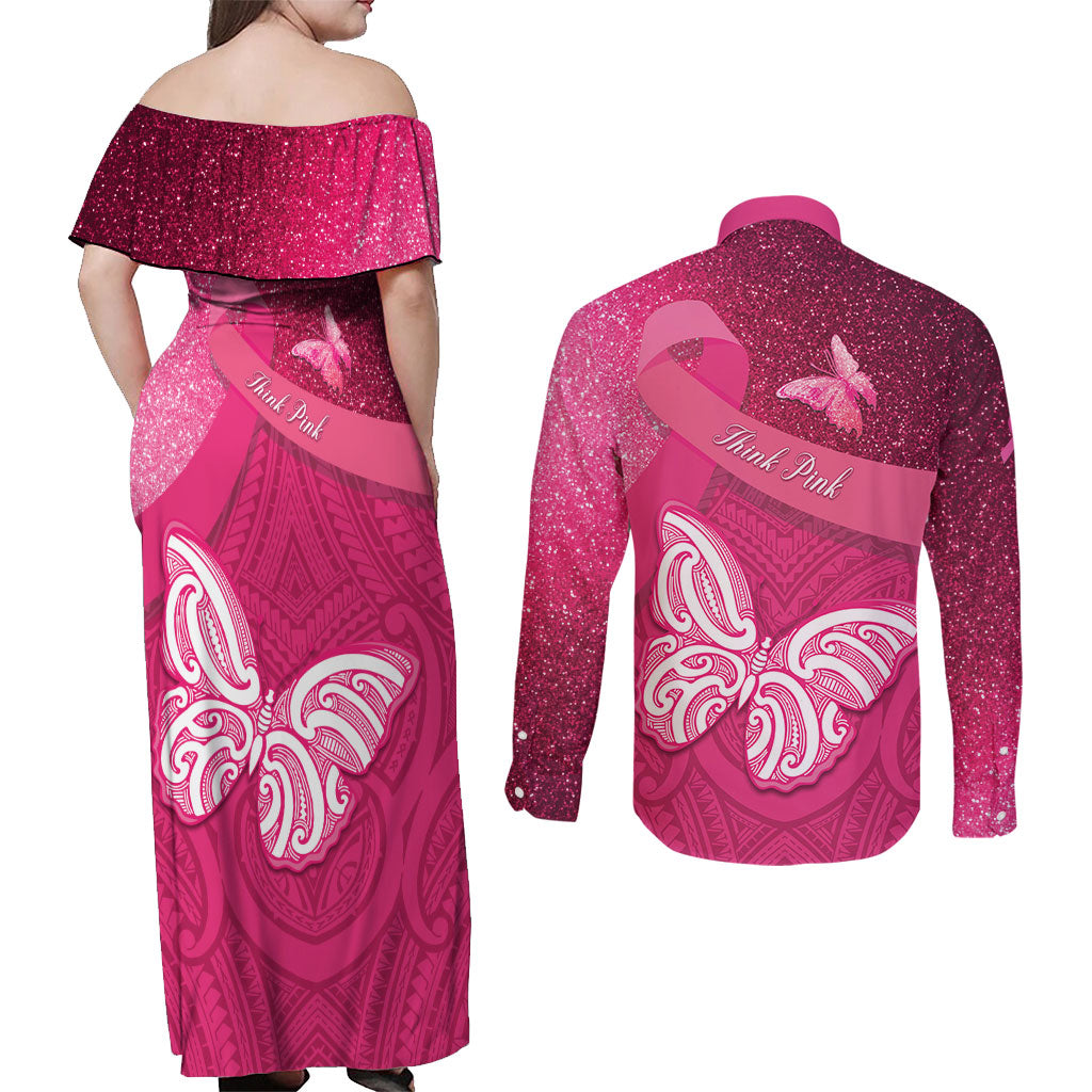 New Zealand Breast Cancer Awareness Couples Matching Off Shoulder Maxi Dress and Long Sleeve Button Shirt Pink Ribbon Butterfly Maori Pattern