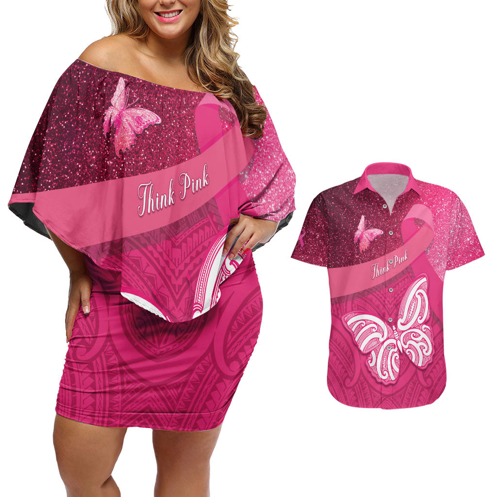 New Zealand Breast Cancer Awareness Couples Matching Off Shoulder Short Dress and Hawaiian Shirt Pink Ribbon Butterfly Maori Pattern LT22 Pink - Polynesian Pride