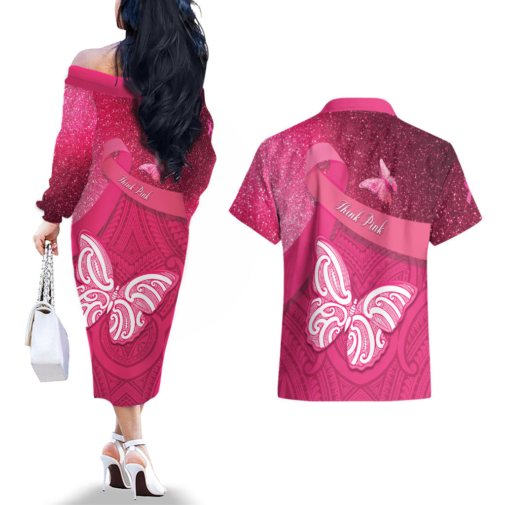 New Zealand Breast Cancer Awareness Couples Matching Off The Shoulder Long Sleeve Dress and Hawaiian Shirt Pink Ribbon Butterfly Maori Pattern LT22 - Polynesian Pride