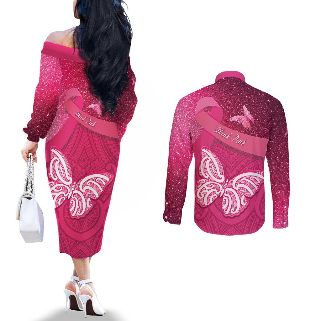 New Zealand Breast Cancer Awareness Couples Matching Off The Shoulder Long Sleeve Dress and Long Sleeve Button Shirt Pink Ribbon Butterfly Maori Pattern LT22 - Polynesian Pride