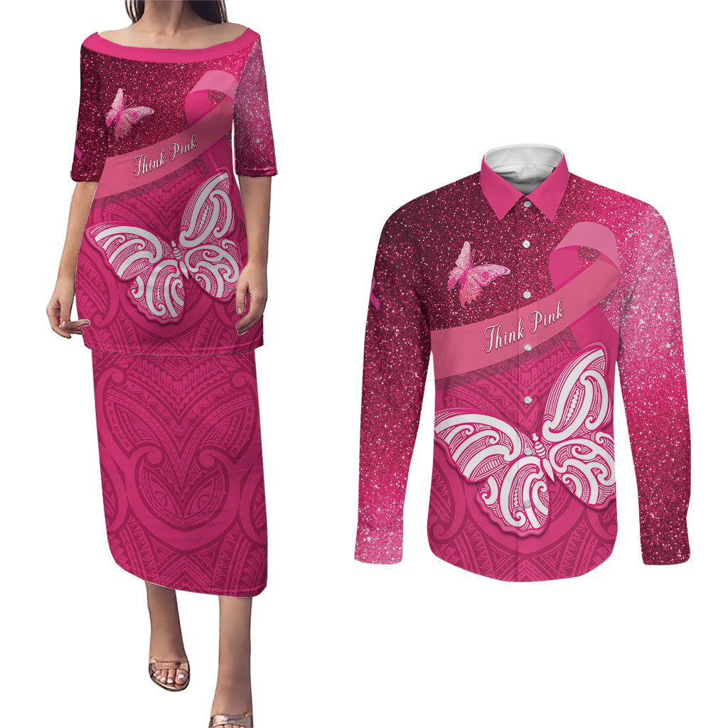 New Zealand Breast Cancer Awareness Couples Matching Puletasi and Long Sleeve Button Shirt Pink Ribbon Butterfly Maori Pattern LT22 Pink - Polynesian Pride