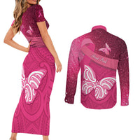 New Zealand Breast Cancer Awareness Couples Matching Short Sleeve Bodycon Dress and Long Sleeve Button Shirt Pink Ribbon Butterfly Maori Pattern LT22 - Polynesian Pride