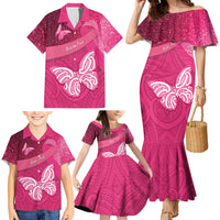 New Zealand Breast Cancer Awareness Family Matching Mermaid Dress and Hawaiian Shirt Pink Ribbon Butterfly Maori Pattern LT22 - Polynesian Pride