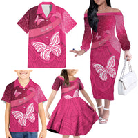 New Zealand Breast Cancer Awareness Family Matching Off The Shoulder Long Sleeve Dress and Hawaiian Shirt Pink Ribbon Butterfly Maori Pattern LT22 - Polynesian Pride