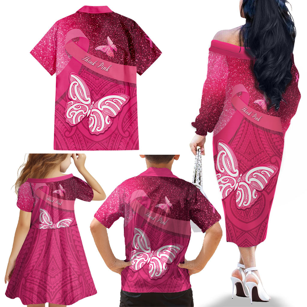 New Zealand Breast Cancer Awareness Family Matching Off The Shoulder Long Sleeve Dress and Hawaiian Shirt Pink Ribbon Butterfly Maori Pattern LT22 - Polynesian Pride