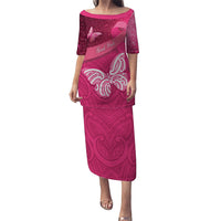 New Zealand Breast Cancer Awareness Family Matching Puletasi and Hawaiian Shirt Pink Ribbon Butterfly Maori Pattern LT22 Mom's Dress Pink - Polynesian Pride