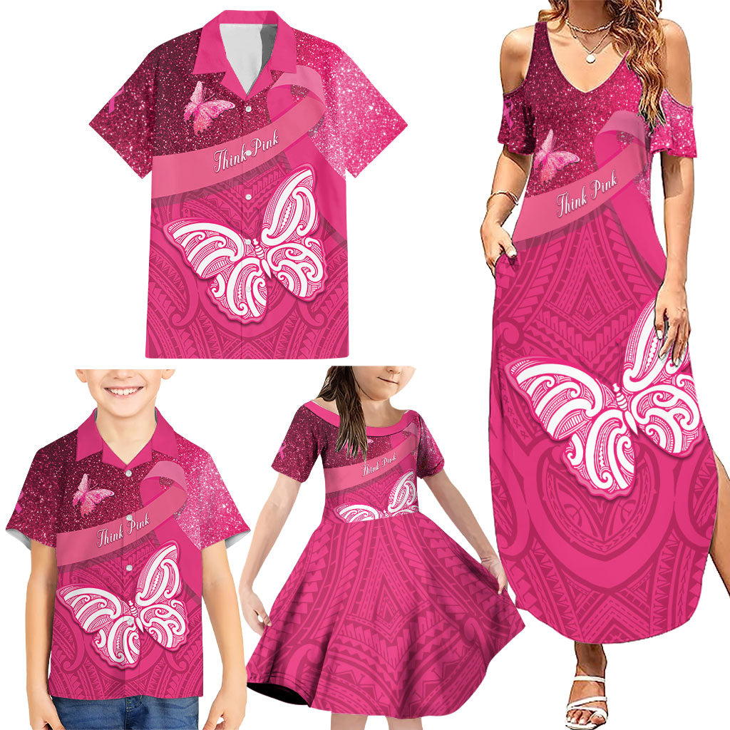 New Zealand Breast Cancer Awareness Family Matching Summer Maxi Dress and Hawaiian Shirt Pink Ribbon Butterfly Maori Pattern LT22 - Polynesian Pride
