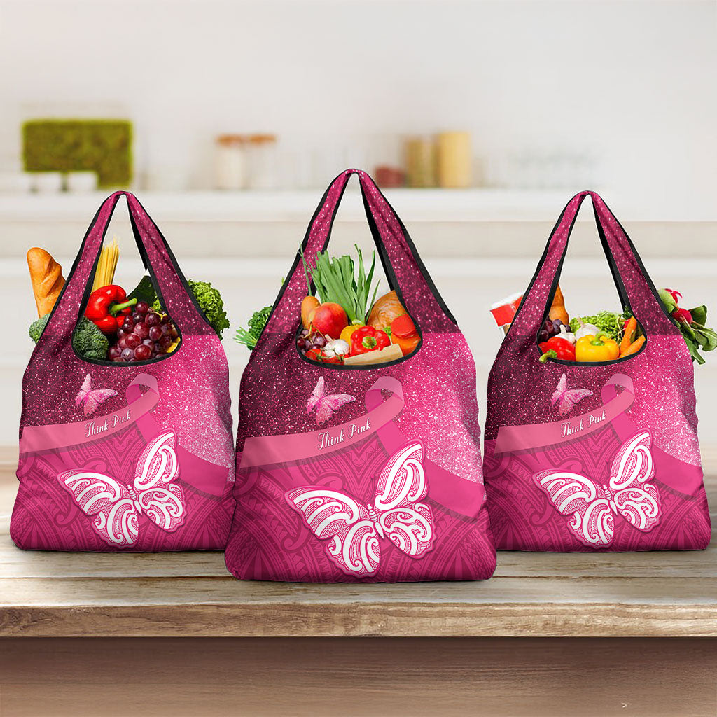 New Zealand Breast Cancer Awareness Grocery Bag Pink Ribbon Butterfly Maori Pattern LT22 3-pack One Size Pink - Polynesian Pride