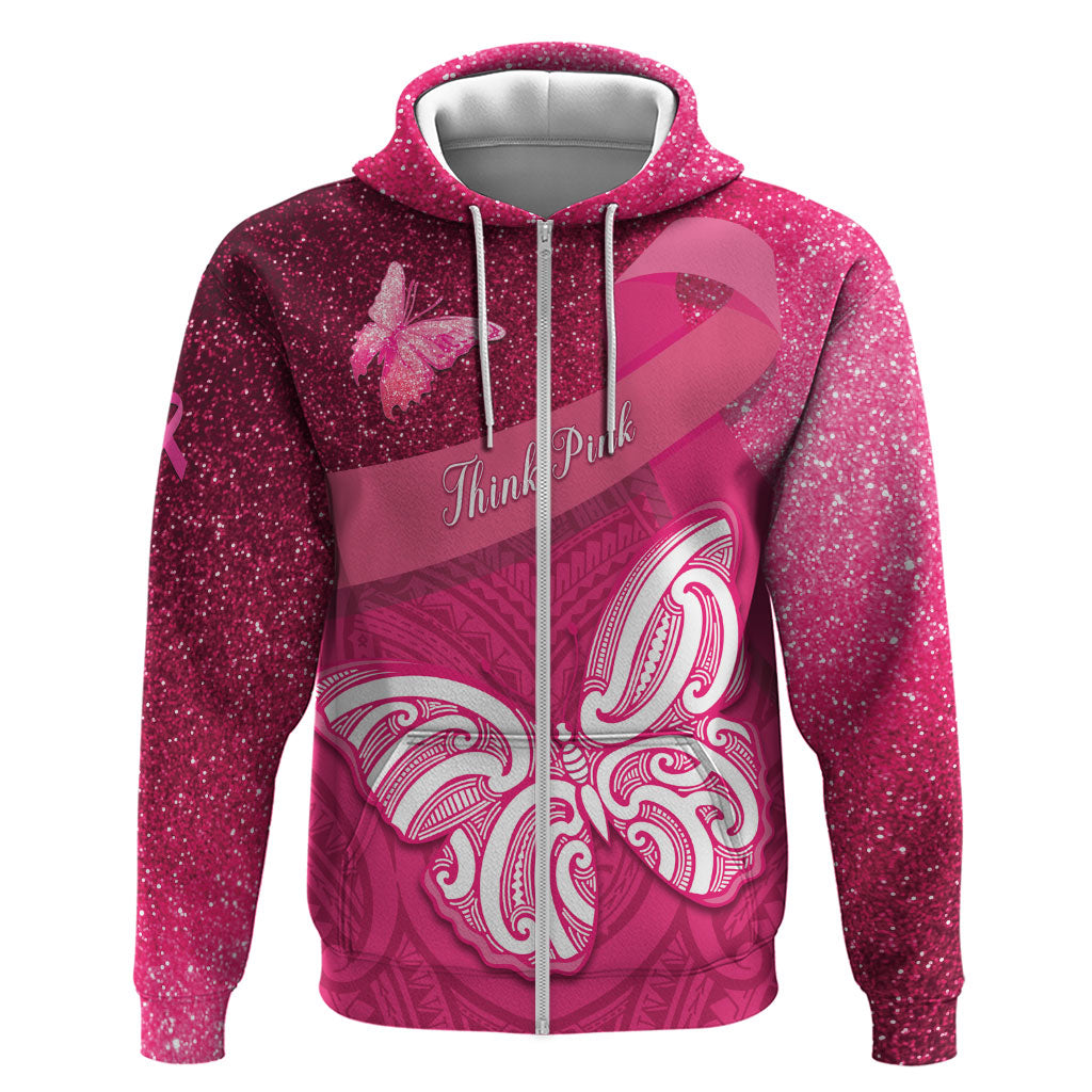 New Zealand Breast Cancer Awareness Hoodie Pink Ribbon Butterfly Maori Pattern LT22 Zip Hoodie Pink - Polynesian Pride