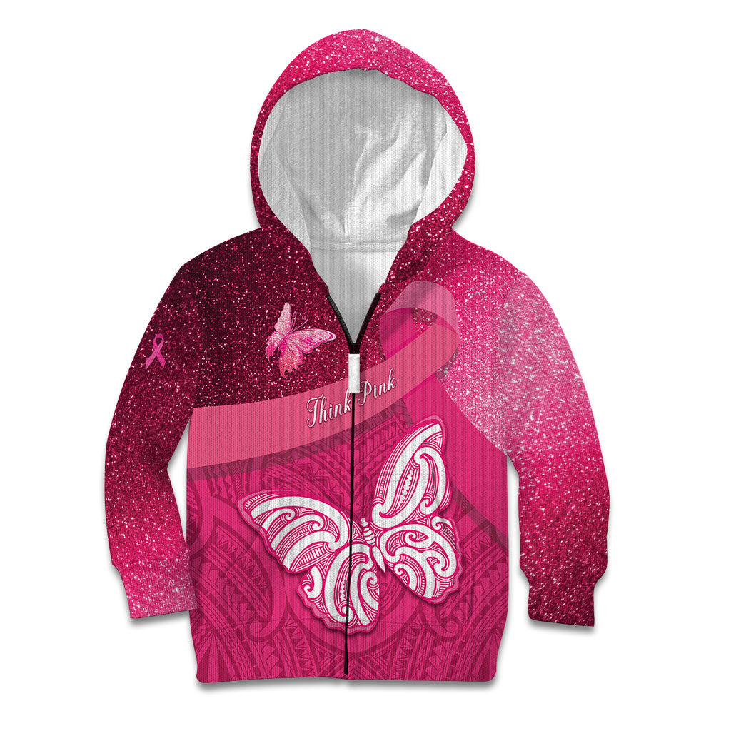 New Zealand Breast Cancer Awareness Kid Hoodie Pink Ribbon Butterfly Maori Pattern LT22 Zip Hoodie Pink - Polynesian Pride