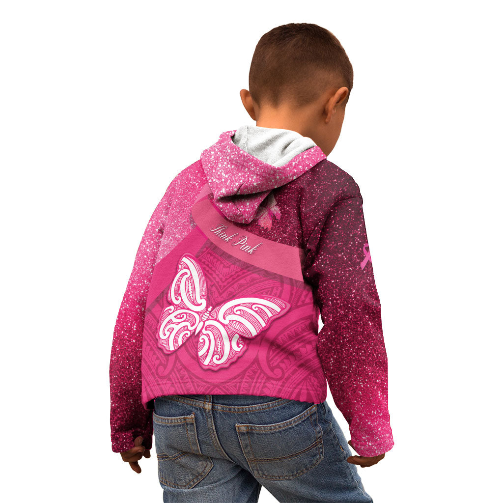 New Zealand Breast Cancer Awareness Kid Hoodie Pink Ribbon Butterfly Maori Pattern LT22 - Polynesian Pride