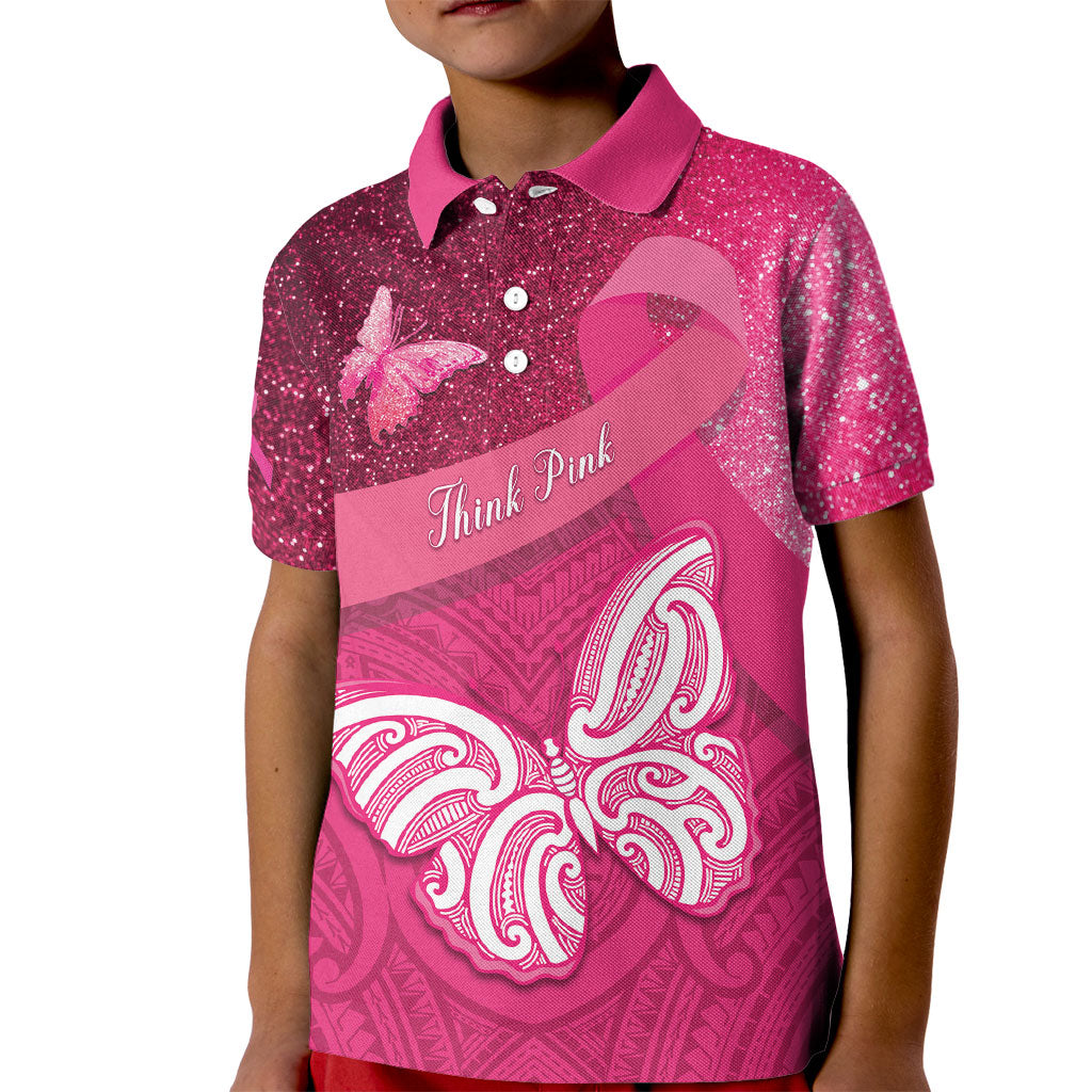 New Zealand Breast Cancer Awareness Kid Polo Shirt Pink Ribbon Butterfly Maori Pattern LT22 Kid Pink - Polynesian Pride
