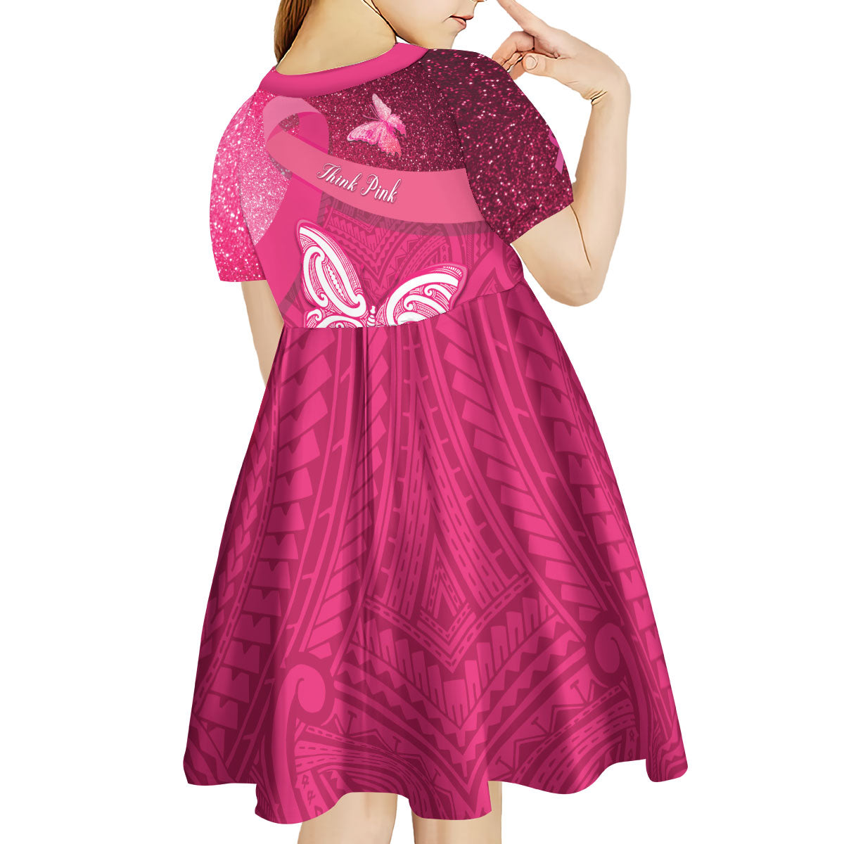 New Zealand Breast Cancer Awareness Kid Short Sleeve Dress Pink Ribbon Butterfly Maori Pattern LT22 - Polynesian Pride