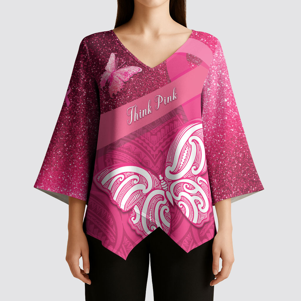 New Zealand Breast Cancer Awareness Kimono Sleeve Blouse Pink Ribbon Butterfly Maori Pattern LT22 - Polynesian Pride