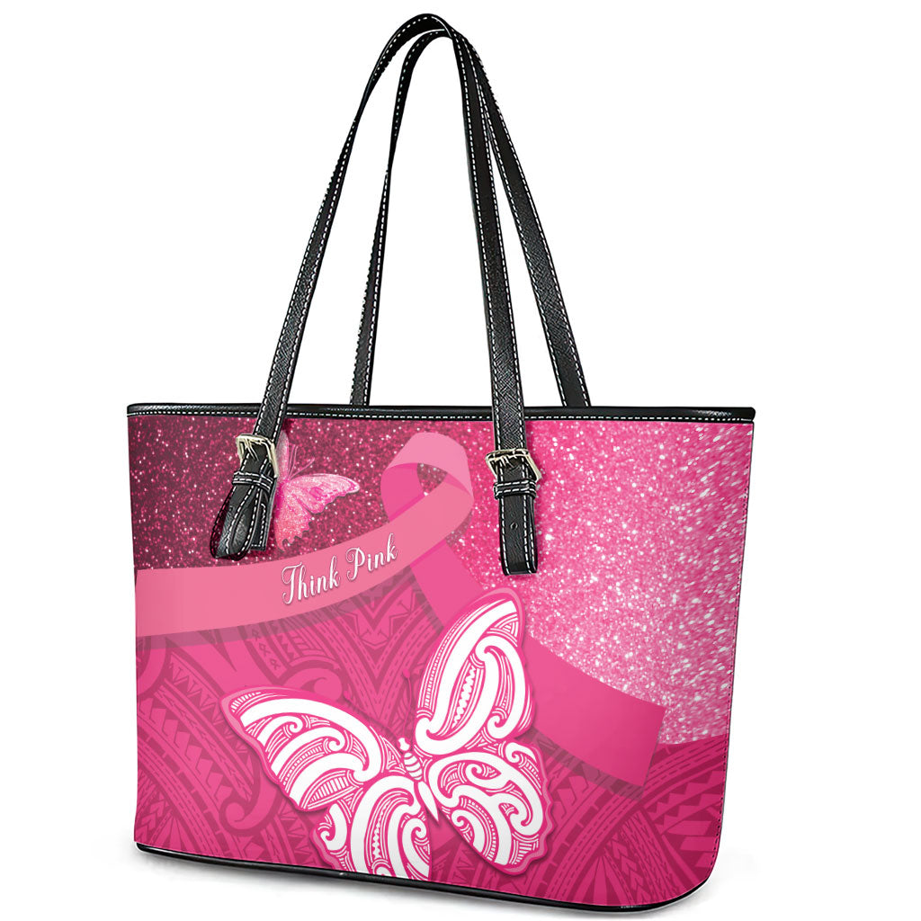 New Zealand Breast Cancer Awareness Leather Tote Bag Pink Ribbon Butterfly Maori Pattern LT22 - Polynesian Pride