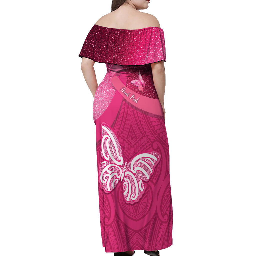 New Zealand Breast Cancer Awareness Off Shoulder Maxi Dress Pink Ribbon Butterfly Maori Pattern LT22 - Polynesian Pride