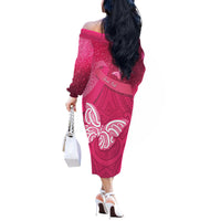 New Zealand Breast Cancer Awareness Off The Shoulder Long Sleeve Dress Pink Ribbon Butterfly Maori Pattern