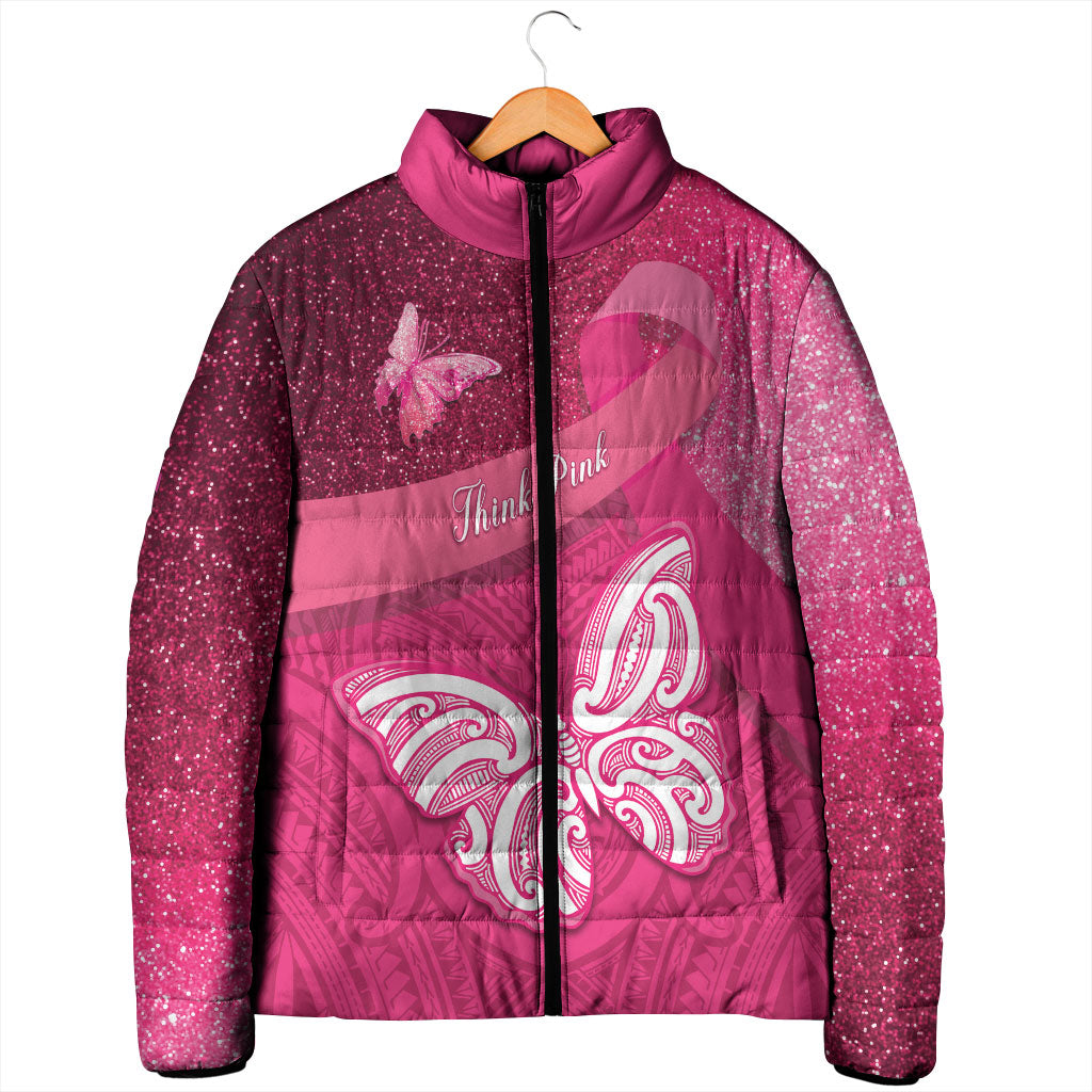 New Zealand Breast Cancer Awareness Padded Jacket Pink Ribbon Butterfly Maori Pattern