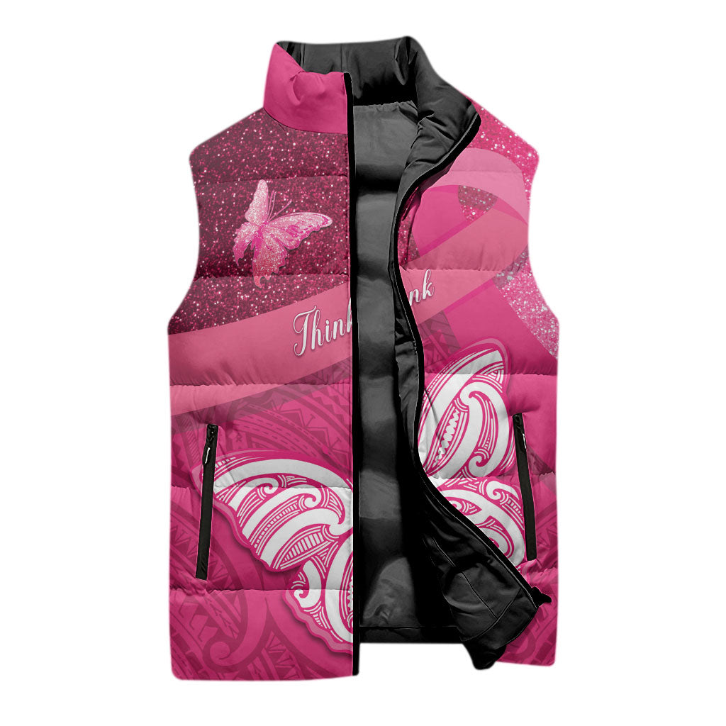 New Zealand Breast Cancer Awareness Sleeveless Puffer Jacket Pink Ribbon Butterfly Maori Pattern LT22 - Polynesian Pride