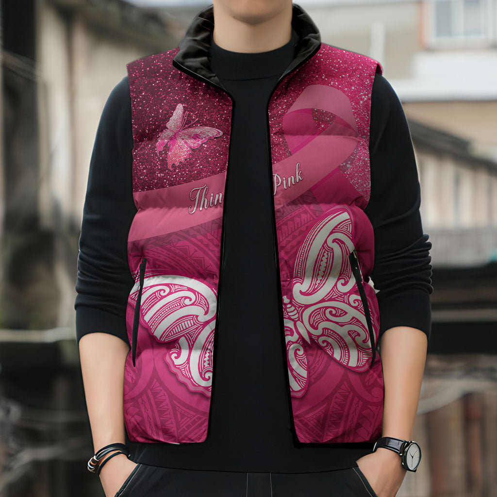 New Zealand Breast Cancer Awareness Sleeveless Puffer Jacket Pink Ribbon Butterfly Maori Pattern LT22 - Polynesian Pride
