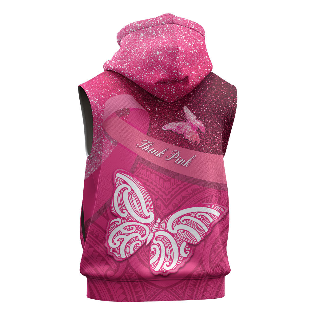 New Zealand Breast Cancer Awareness Sleeveless Zip Hoodie Pink Ribbon Butterfly Maori Pattern
