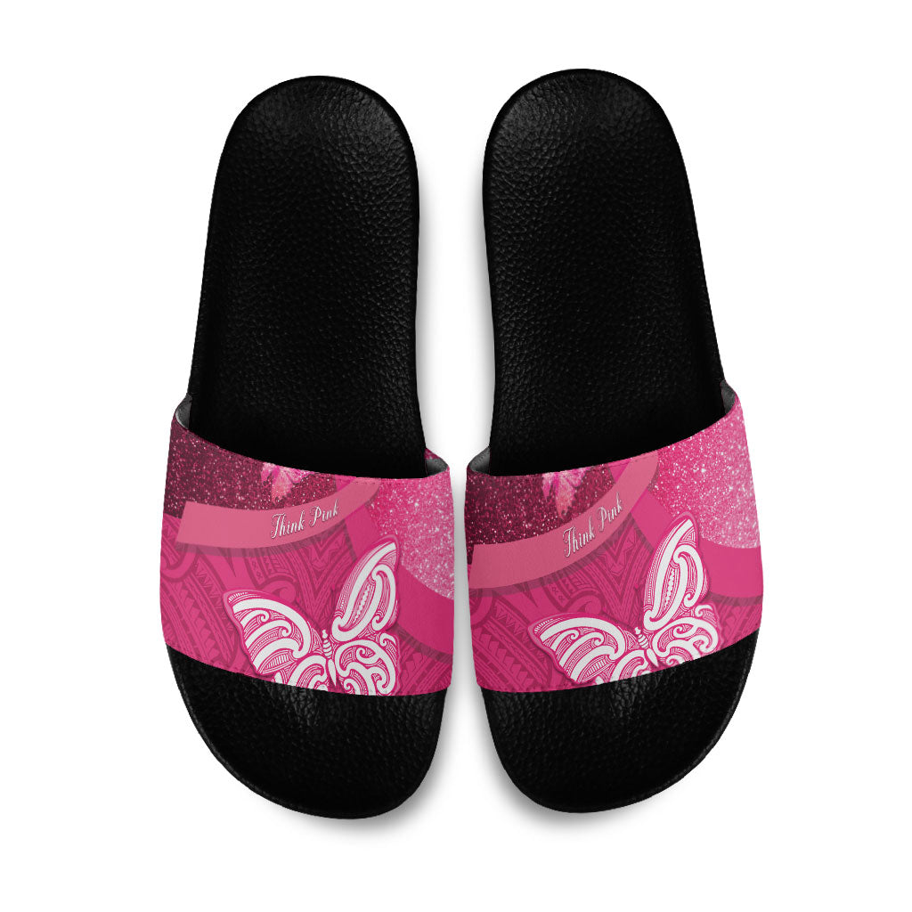 New Zealand Breast Cancer Awareness Slide Sandals Pink Ribbon Butterfly Maori Pattern LT22 Pink - Polynesian Pride