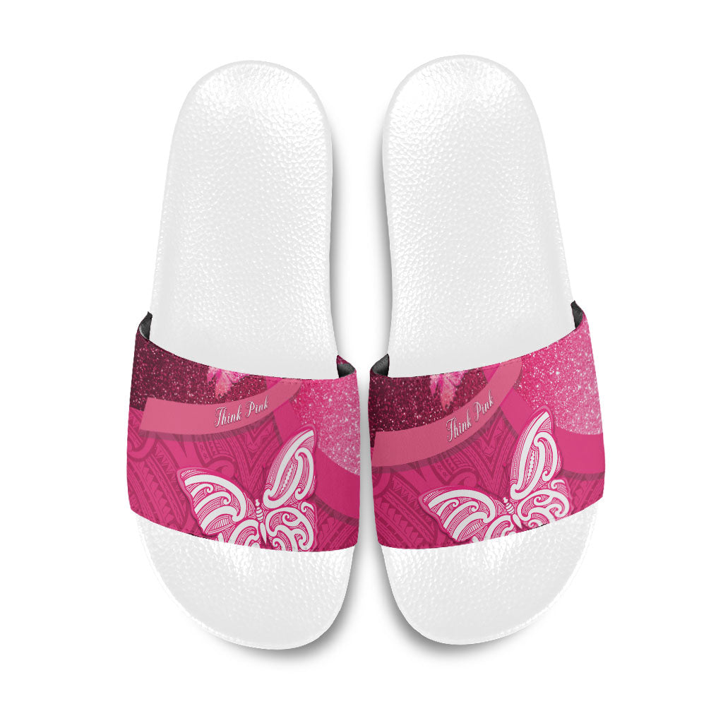 New Zealand Breast Cancer Awareness Slide Sandals Pink Ribbon Butterfly Maori Pattern LT22 Pink - Polynesian Pride