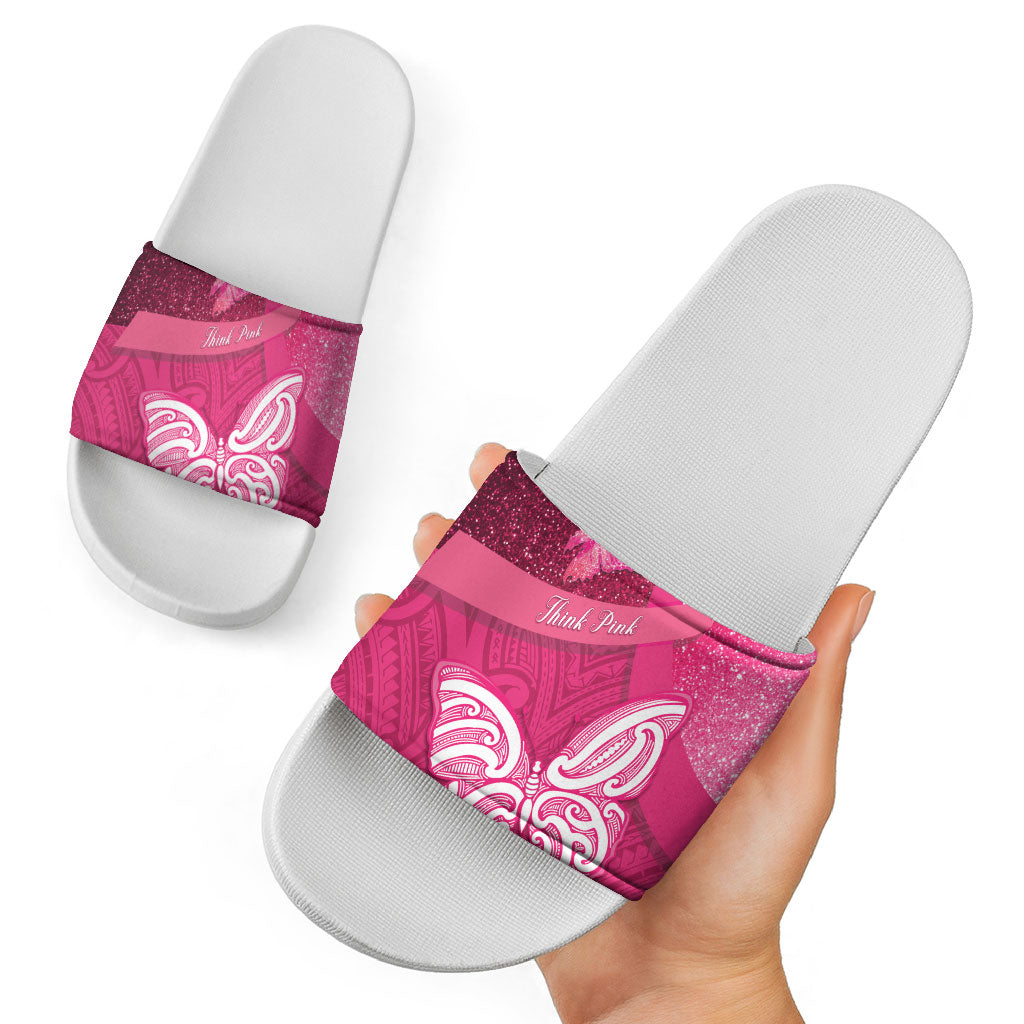 New Zealand Breast Cancer Awareness Slide Sandals Pink Ribbon Butterfly Maori Pattern LT22 - Polynesian Pride