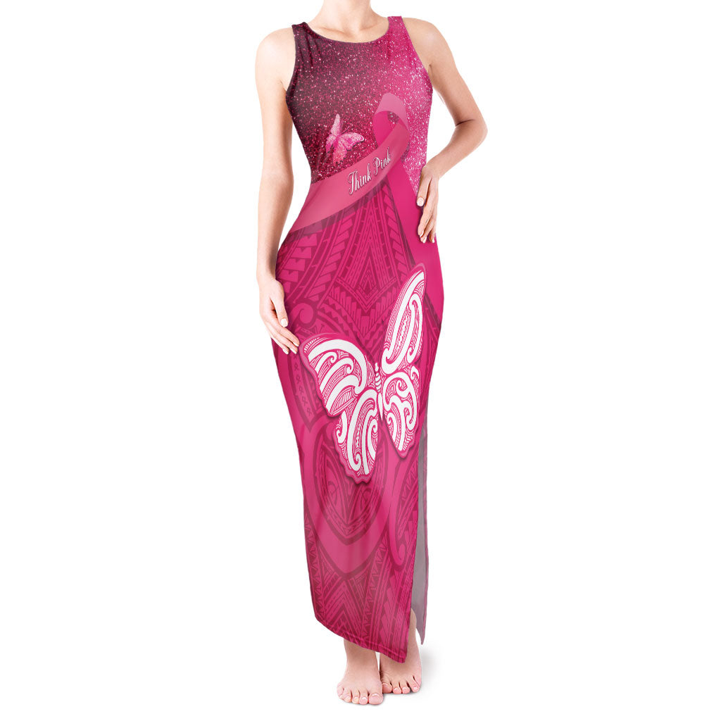 New Zealand Breast Cancer Awareness Tank Maxi Dress Pink Ribbon Butterfly Maori Pattern LT22 Women Pink - Polynesian Pride