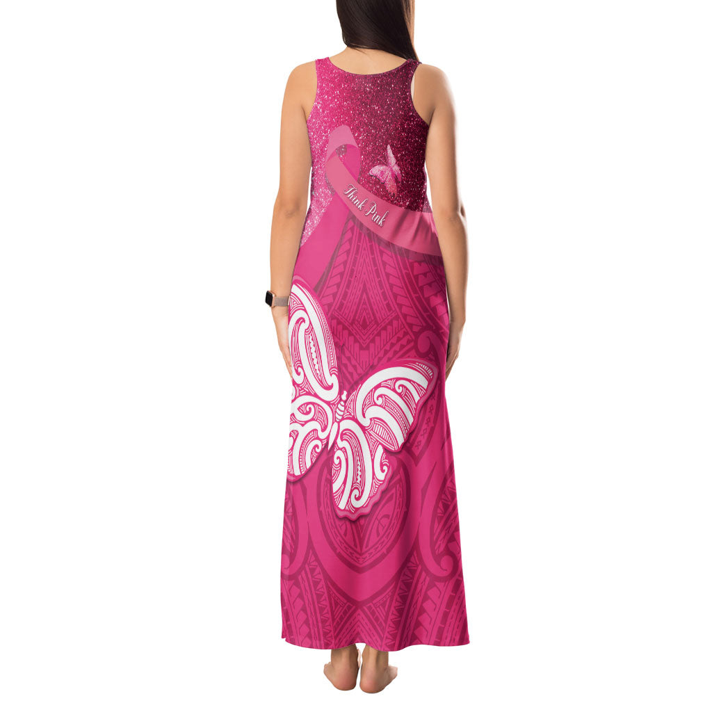 New Zealand Breast Cancer Awareness Tank Maxi Dress Pink Ribbon Butterfly Maori Pattern LT22 - Polynesian Pride