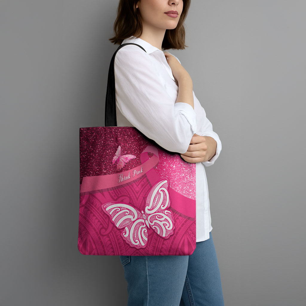 New Zealand Breast Cancer Awareness Tote Bag Pink Ribbon Butterfly Maori Pattern LT22 - Polynesian Pride