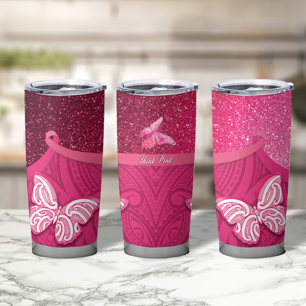 New Zealand Breast Cancer Awareness Tumbler Cup Pink Ribbon Butterfly Maori Pattern LT22 - Polynesian Pride