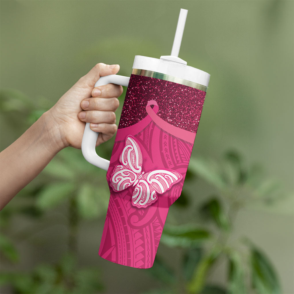 New Zealand Breast Cancer Awareness Tumbler With Handle Pink Ribbon Butterfly Maori Pattern LT22 - Polynesian Pride
