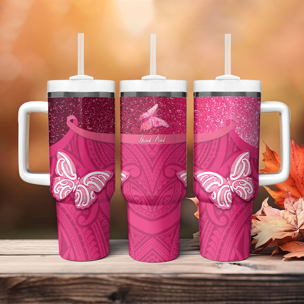 New Zealand Breast Cancer Awareness Tumbler With Handle Pink Ribbon Butterfly Maori Pattern LT22 - Polynesian Pride