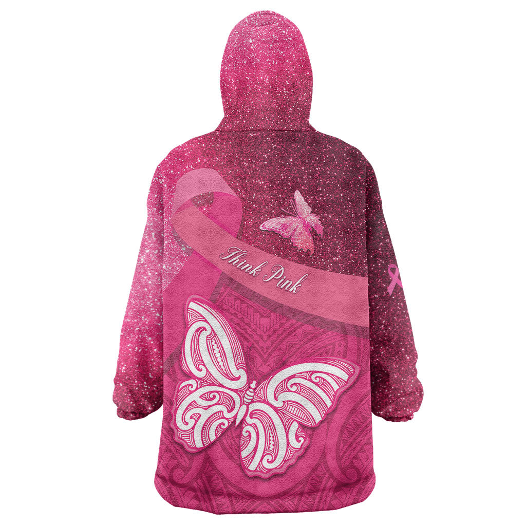 New Zealand Breast Cancer Awareness Wearable Blanket Hoodie Pink Ribbon Butterfly Maori Pattern