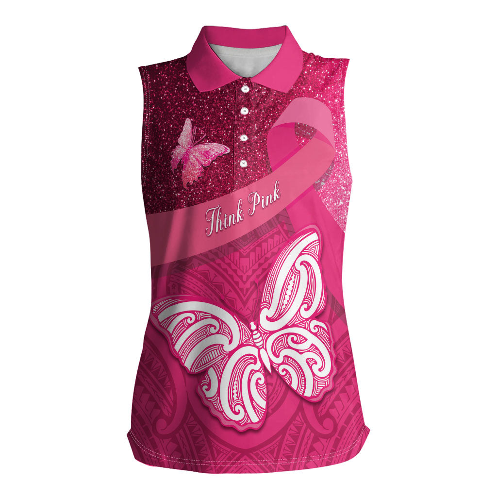 New Zealand Breast Cancer Awareness Women Sleeveless Polo Shirt Pink Ribbon Butterfly Maori Pattern LT22 Female Pink - Polynesian Pride