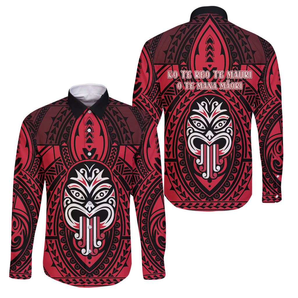 New Zealand Maori Language Week Family Matching Off Shoulder Short Dress and Hawaiian Shirt Te Wiki O Te Reo Maori Hei Tiki LT22 Dad's Shirt - Long Sleeve Red - Polynesian Pride