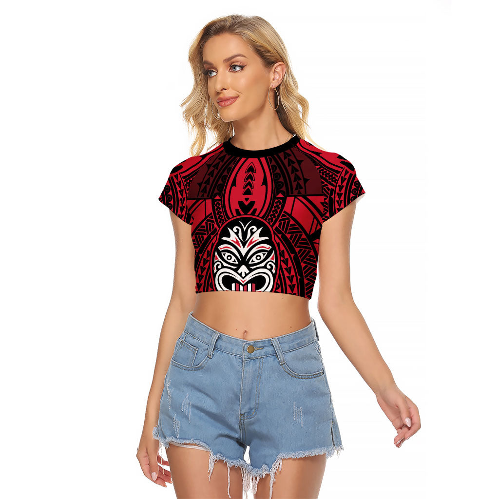 New Zealand Maori Language Week Raglan Cropped T Shirt Te Wiki O Te Reo Maori Hei Tiki LT22 Female Red - Polynesian Pride