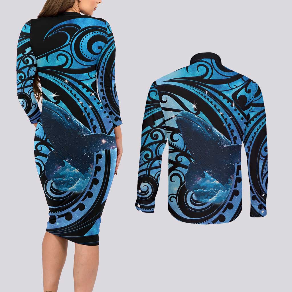 New Zealand Matariki Couples Matching Long Sleeve Bodycon Dress and Long Sleeve Button Shirt Maori Humpback Whale Galaxy LT22 - Polynesian Pride