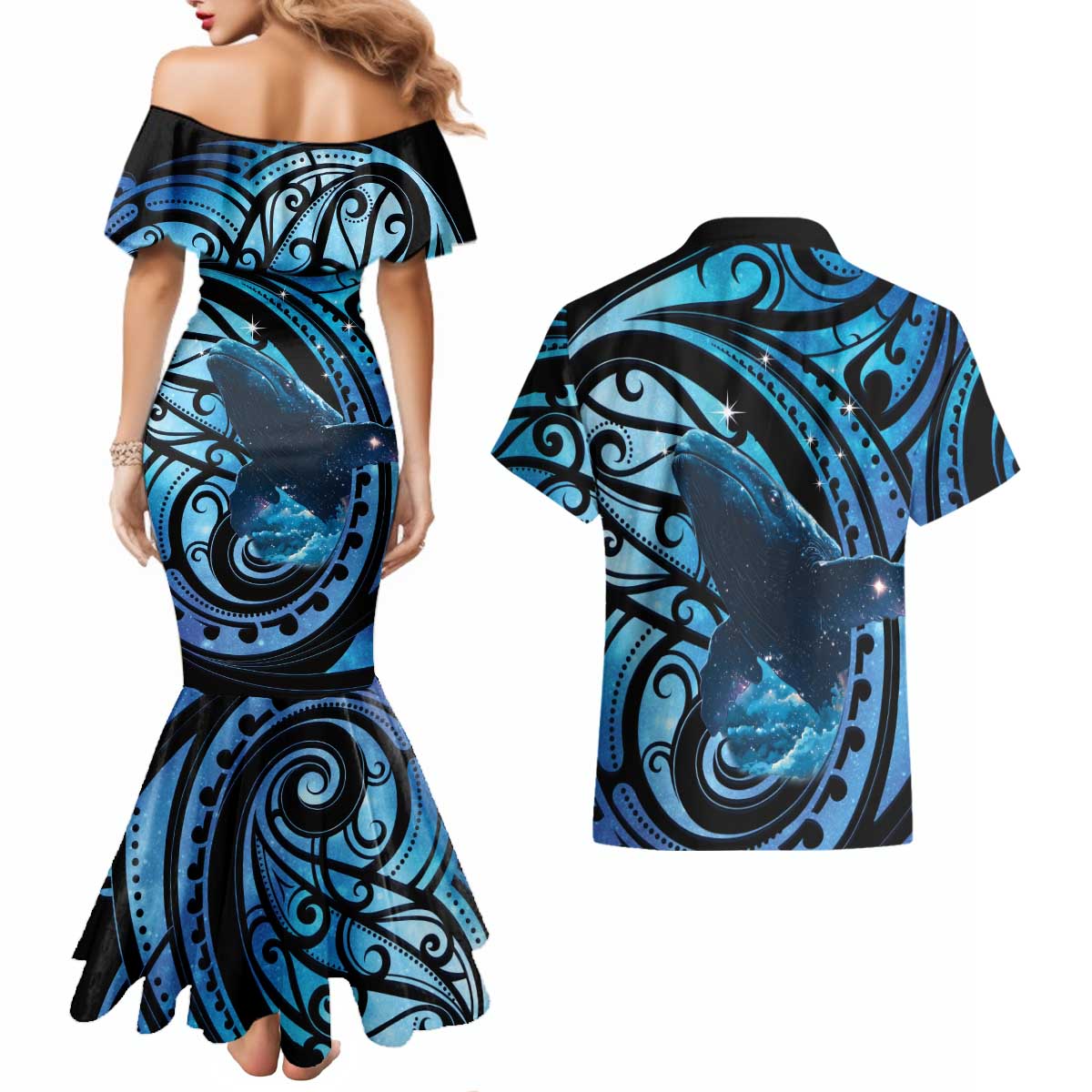 New Zealand Matariki Couples Matching Mermaid Dress and Hawaiian Shirt Maori Humpback Whale Galaxy