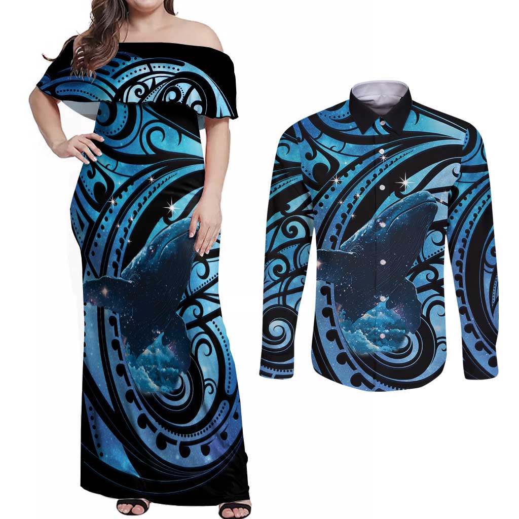 New Zealand Matariki Couples Matching Off Shoulder Maxi Dress and Long Sleeve Button Shirt Maori Humpback Whale Galaxy LT22 Blue - Polynesian Pride