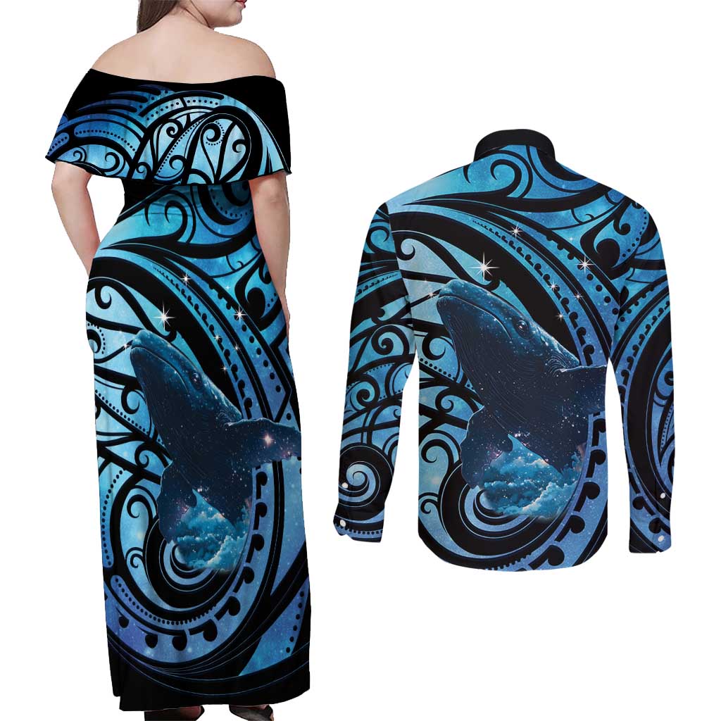 New Zealand Matariki Couples Matching Off Shoulder Maxi Dress and Long Sleeve Button Shirt Maori Humpback Whale Galaxy LT22 - Polynesian Pride