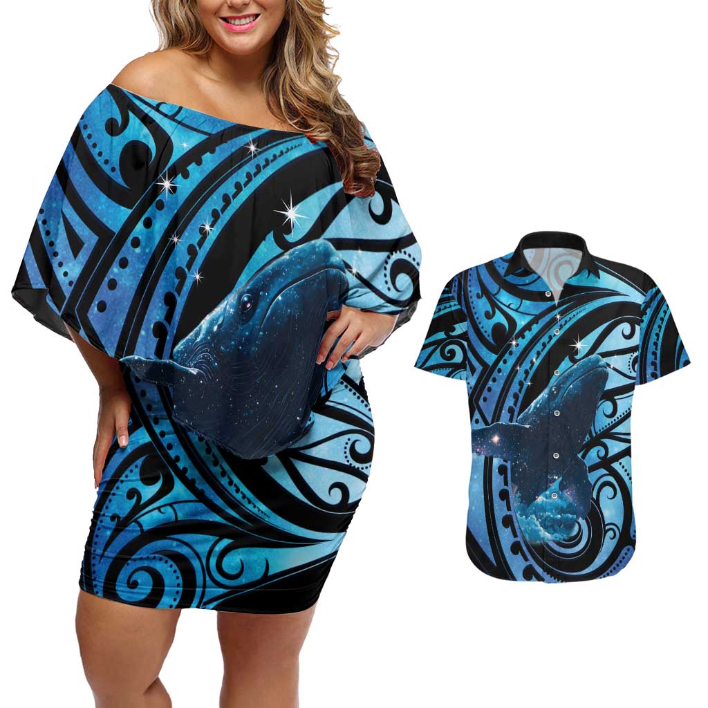 New Zealand Matariki Couples Matching Off Shoulder Short Dress and Hawaiian Shirt Maori Humpback Whale Galaxy LT22 Blue - Polynesian Pride