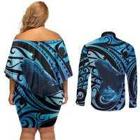 New Zealand Matariki Couples Matching Off Shoulder Short Dress and Long Sleeve Button Shirt Maori Humpback Whale Galaxy LT22 - Polynesian Pride