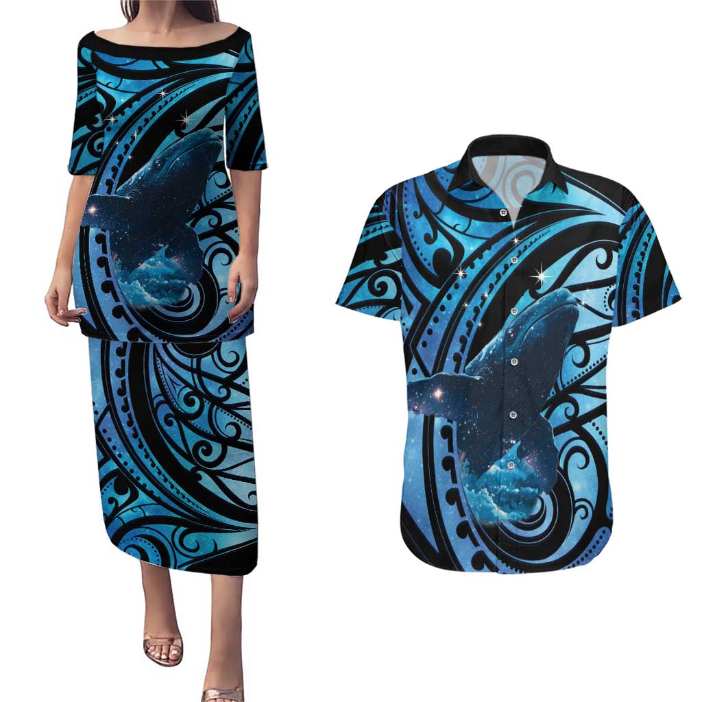 New Zealand Matariki Couples Matching Puletasi and Hawaiian Shirt Maori Humpback Whale Galaxy LT22 Blue - Polynesian Pride