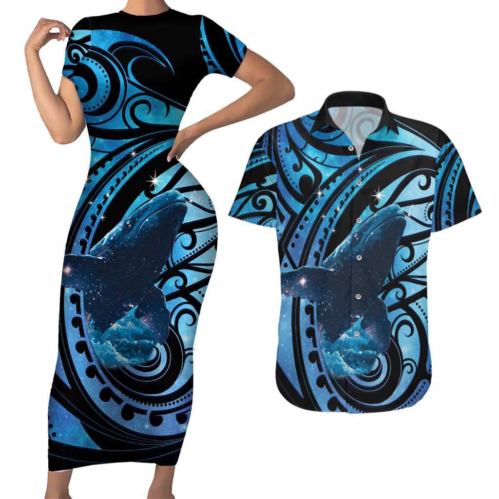 New Zealand Matariki Couples Matching Short Sleeve Bodycon Dress and Hawaiian Shirt Maori Humpback Whale Galaxy
