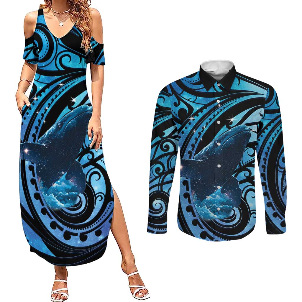 New Zealand Matariki Couples Matching Summer Maxi Dress and Long Sleeve Button Shirt Maori Humpback Whale Galaxy LT22 Blue - Polynesian Pride