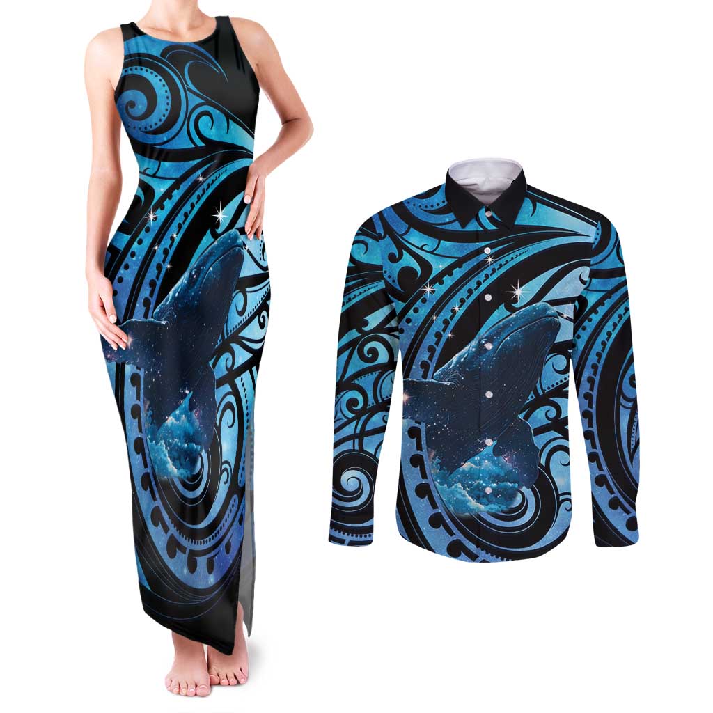 New Zealand Matariki Couples Matching Tank Maxi Dress and Long Sleeve Button Shirt Maori Humpback Whale Galaxy LT22 Blue - Polynesian Pride