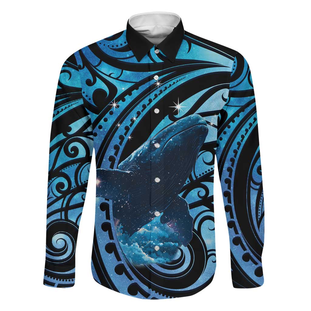 New Zealand Matariki Family Matching Mermaid Dress and Hawaiian Shirt Maori Humpback Whale Galaxy LT22 Dad's Shirt - Long Sleeve Blue - Polynesian Pride
