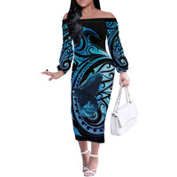 New Zealand Matariki Family Matching Off The Shoulder Long Sleeve Dress and Hawaiian Shirt Maori Humpback Whale Galaxy LT22 Mom's Dress Blue - Polynesian Pride